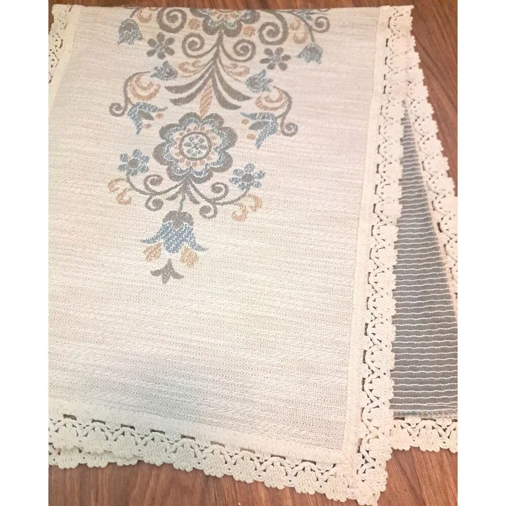 Vintage Linen Blend Table Runner Austria Beige Blue Boho Country Cottage 16x37